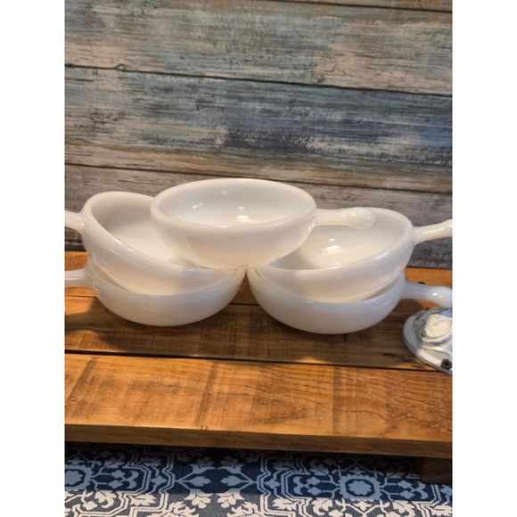 MCM Glasbake Milk Glass Soup Bowls with Lug Handles Handles Set of 4 - Picture 3 of 5